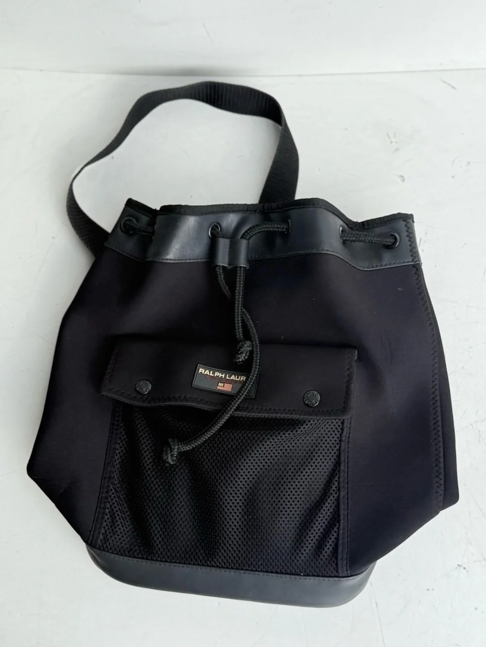 Ralph Lauren Black Drawstring Messenger Bucket Bag
